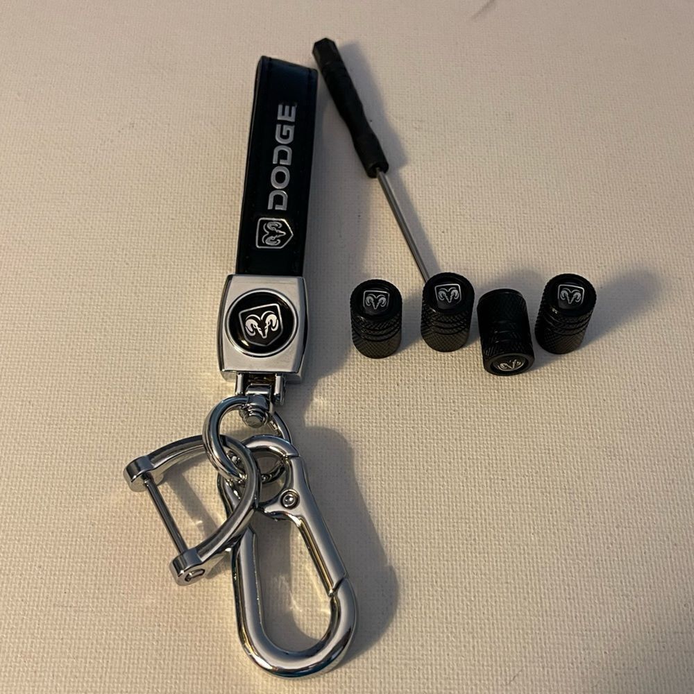 Dodge Logo Key Fob Keychain in Black Leather and Valve Stem Caps in Black NWT